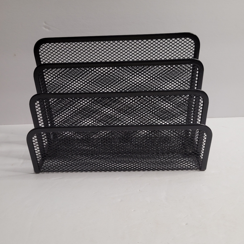 Black, three-tiered metal mesh file holder.  318